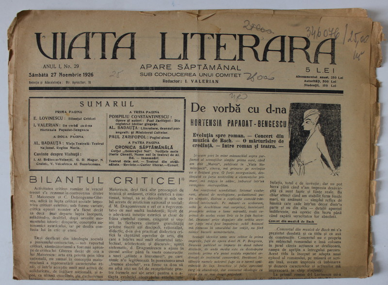 VIATA LITERARA , SAPTAMANAL , No. 29 , 1926