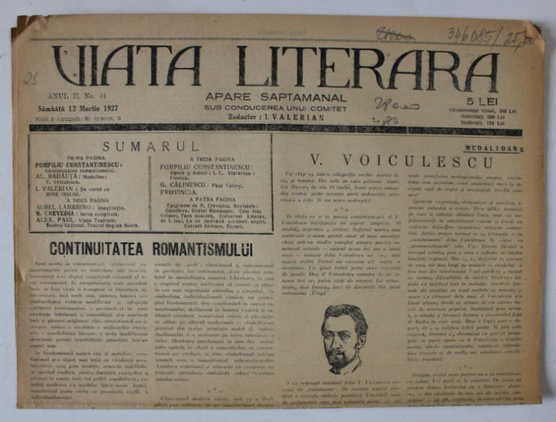 VIATA  LITERARA , SAPTAMANAL , No. 41 , 1927