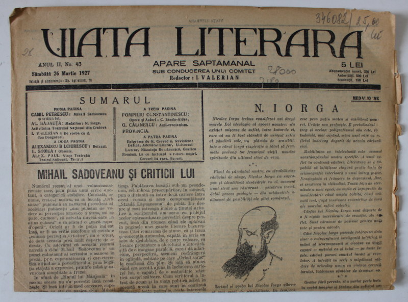 VIATA  LITERARA , SAPTAMANAL , No. 43 , 1927