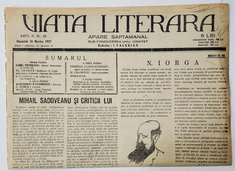 VIATA LITERARA , SUB CONDUCEREA UNUI COMITET , SAPTAMANAL , ANUL II  , NR.43  , 26 MARTIE  , 1927