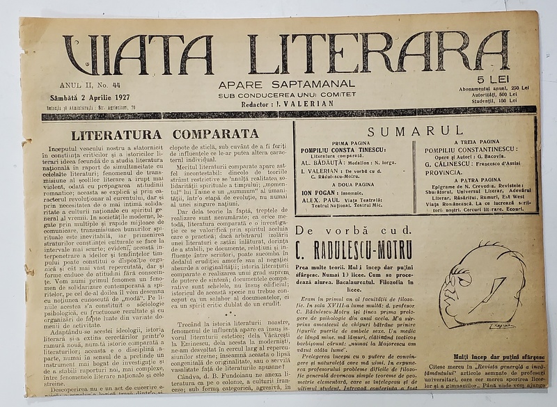 VIATA LITERARA , SUB CONDUCEREA UNUI COMITET , SAPTAMANAL , ANUL II  , NR.44  , 2 APRILIE  , 1927