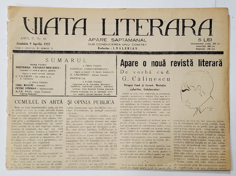 VIATA LITERARA , SUB CONDUCEREA UNUI COMITET , SAPTAMANAL , ANUL II  , NR.45  , 9 APRILIE  , 1927