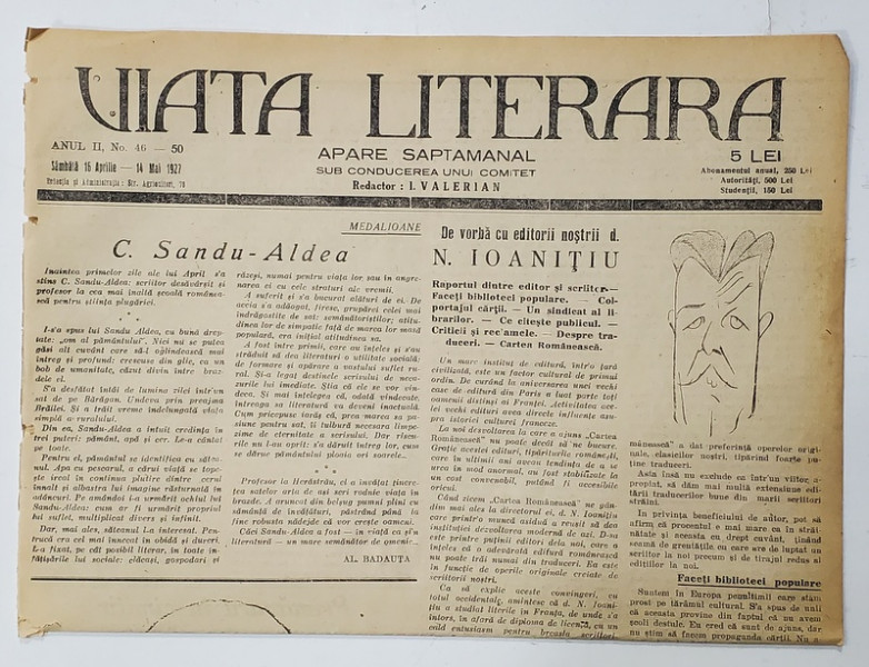 VIATA LITERARA , SUB CONDUCEREA UNUI COMITET , SAPTAMANAL , ANUL II  , NR.46-50  , 16 APRILIE  , 1927