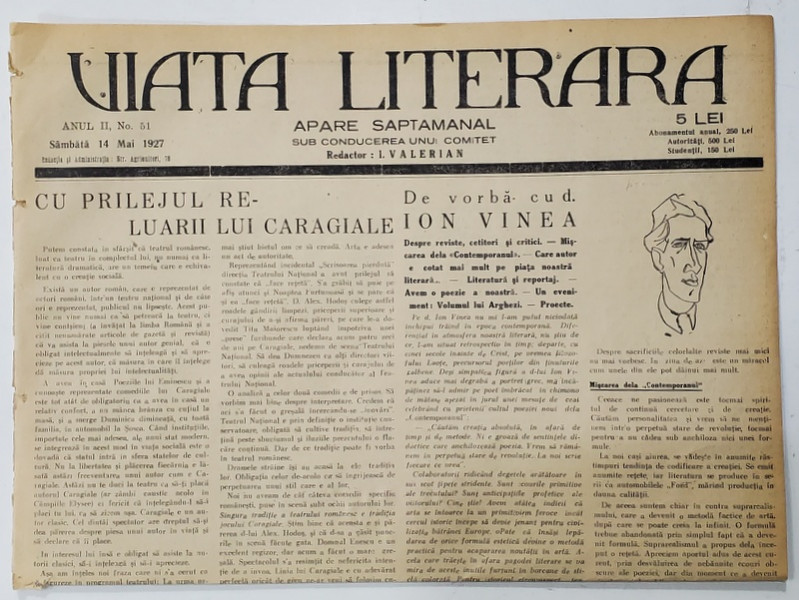 VIATA LITERARA , SUB CONDUCEREA UNUI COMITET , SAPTAMANAL , ANUL II  , NR.51  , 14 MAI , 1927