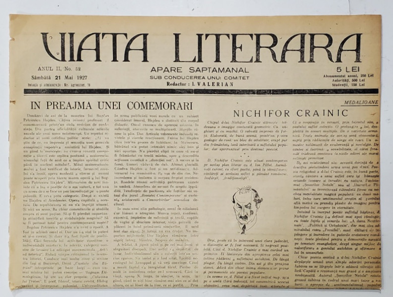 VIATA LITERARA , SUB CONDUCEREA UNUI COMITET , SAPTAMANAL , ANUL II  , NR.52  , 21 MAI , 1927