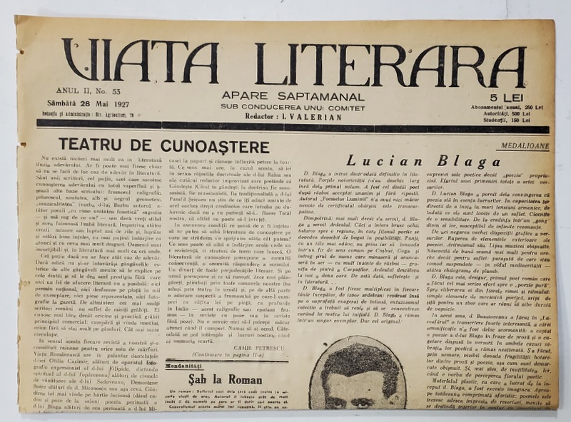 VIATA LITERARA , SUB CONDUCEREA UNUI COMITET , SAPTAMANAL , ANUL II  , NR.53   , 28 MAI  , 1927