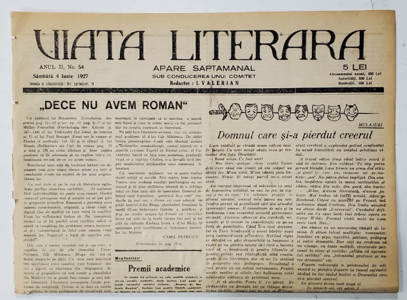 VIATA LITERARA , SUB CONDUCEREA UNUI COMITET , SAPTAMANAL , ANUL II  , NR.54  , 4 IUNIE  , 1927