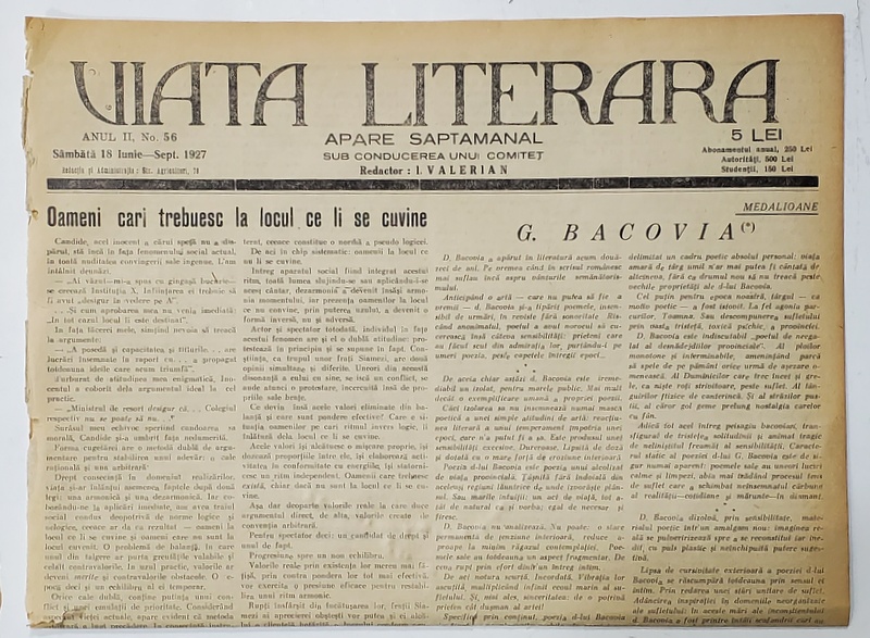 VIATA LITERARA , SUB CONDUCEREA UNUI COMITET , SAPTAMANAL , ANUL II  , NR.56  , 18 IUNIE - SEPT  , 1927