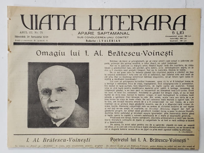 VIATA LITERARA , SUB CONDUCEREA UNUI COMITET , SAPTAMANAL , ANUL III  , NR.71  , 28 IANUARIE , 1928