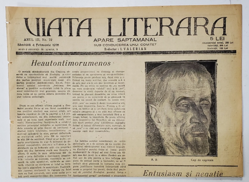 VIATA LITERARA , SUB CONDUCEREA UNUI COMITET , SAPTAMANAL , ANUL III  , NR.72  , 4 FEBRUARIE  , 1928