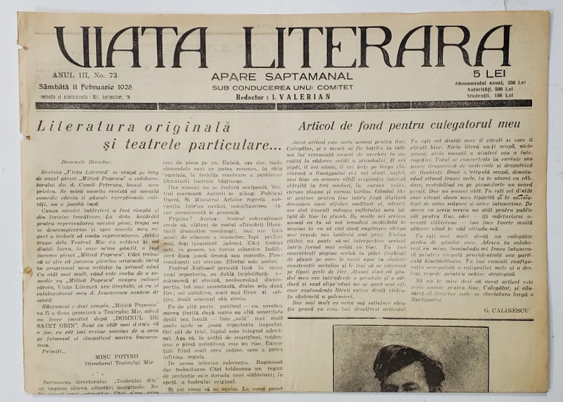 VIATA LITERARA , SUB CONDUCEREA UNUI COMITET , SAPTAMANAL , ANUL III  , NR.73  , 11 FEBRUARIE , 1928