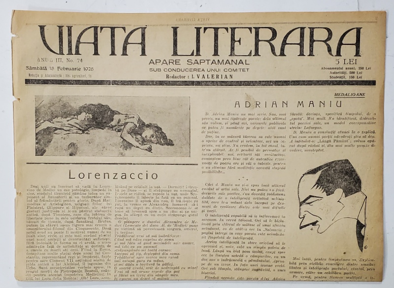 VIATA LITERARA , SUB CONDUCEREA UNUI COMITET , SAPTAMANAL , ANUL III  , NR.74  , 18 FEBRUARIE , 1928