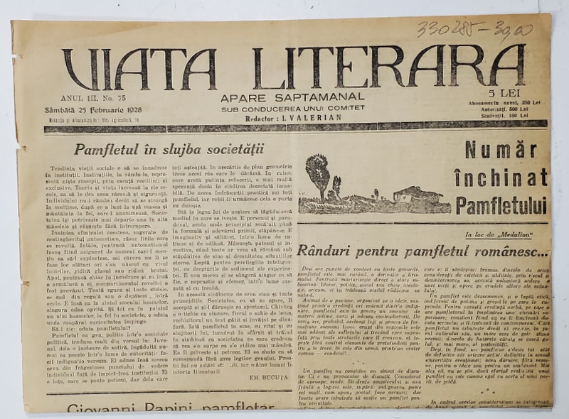 VIATA LITERARA , SUB CONDUCEREA UNUI COMITET , SAPTAMANAL , ANUL III  , NR.75  , 25 FEBRUARIE  , 1928