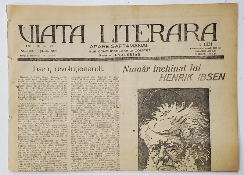 VIATA LITERARA , SUB CONDUCEREA UNUI COMITET , SAPTAMANAL , ANUL III  , NR.77  , 10 MARTIE  , 1928