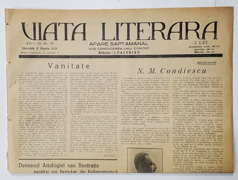 VIATA LITERARA , SUB CONDUCEREA UNUI COMITET , SAPTAMANAL , ANUL III  , NR.78  , 17 MARTIE  , 1928