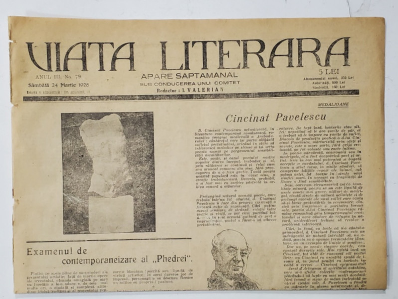 VIATA LITERARA , SUB CONDUCEREA UNUI COMITET , SAPTAMANAL , ANUL III  , NR.79  , 24 MARTIE  , 1928