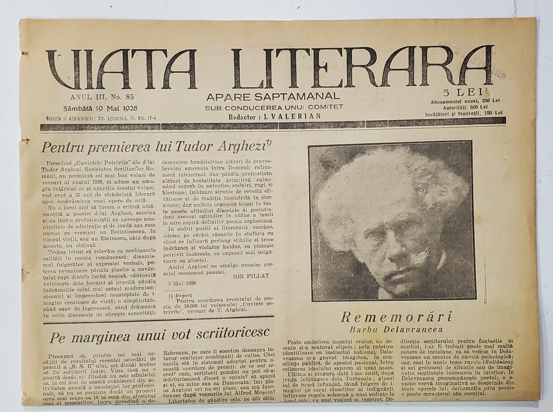 VIATA LITERARA , SUB CONDUCEREA UNUI COMITET , SAPTAMANAL , ANUL III  , NR.85 , 10 MAI , 1928