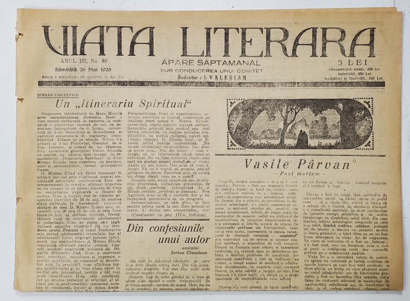 VIATA LITERARA , SUB CONDUCEREA UNUI COMITET , SAPTAMANAL , ANUL III  , NR.86 , 26 MAI  , 1928