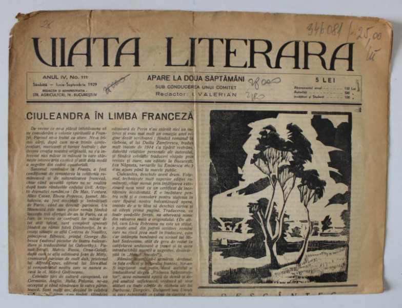 VIATA LITERARA , ZIAR , APARE LA DOUA SAPTAMANI , No. 111 , 1929