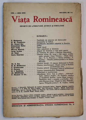 VIATA ROMANEASCA , REVISTA DE LITERATURA , STIINTA SI IDEOLOGIE , ANUL XXVII , MAI - IUNIE , NR. 5-6 ,1935