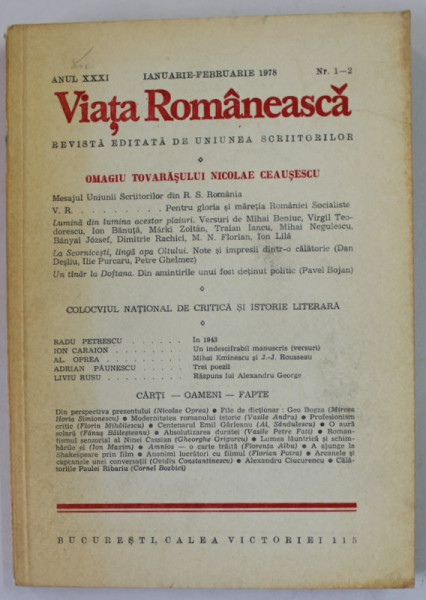 VIATA ROMANEASCA , REVISTA EDITATA DE UNIUNEA SCRIITORILOR , ANUL XXXI  , NR. 1-2  , 1978