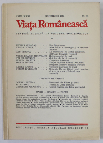 VIATA ROMANEASCA , REVISTA EDITATA DE UNIUNEA SCRIITORILOR , ANUL XXXI  , NR. 11 , NOIEMBRIE , 1978