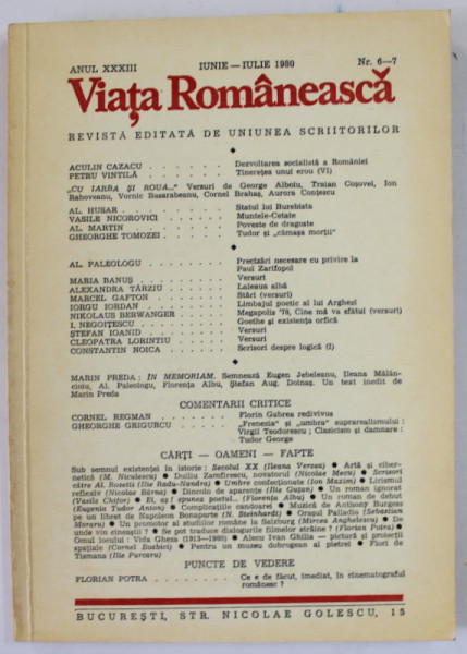 VIATA ROMANEASCA , REVISTA EDITATA DE UNIUNEA SCRIITORILOR , ANUL XXXIII  , NR.6-7 , IUNIE - IULIE , 1980