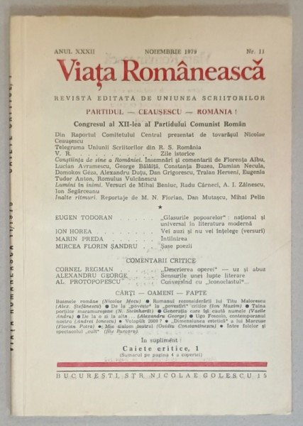 VIATA ROMANEASCA , REVISTA EDITATA DE UNIUNEA SCRIITORILOR , NR. 11 , 1979