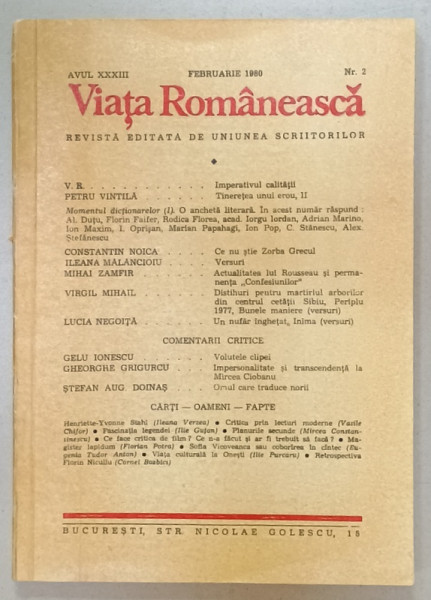 VIATA ROMANEASCA , REVISTA EDITATA DE UNIUNEA SCRIITORILOR , NR. 2 , 1980