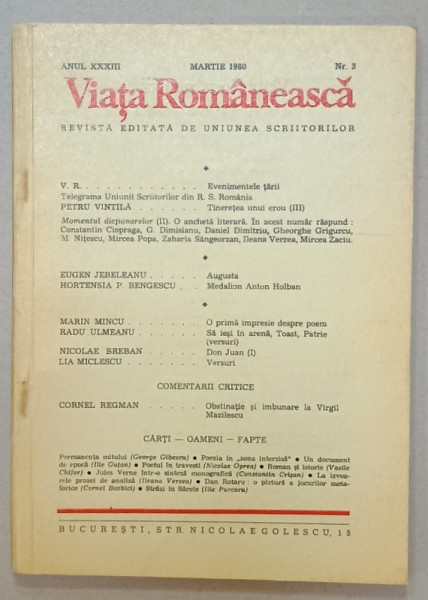 VIATA ROMANEASCA , REVISTA EDITATA DE UNIUNEA SCRIITORILOR , NR. 3 , 1980