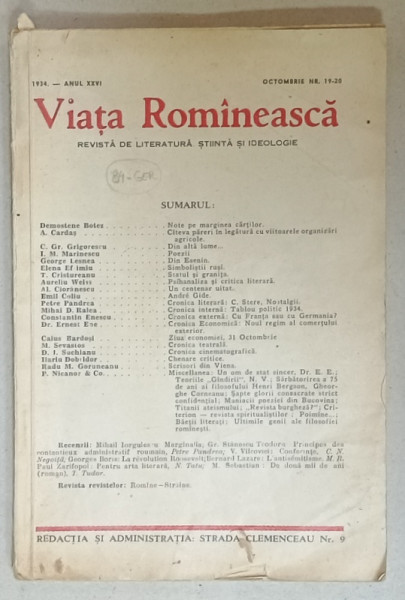 VIATA ROMINEASCA , REVISTA DE LITERATURA , STIINTA SI IDEOLOGIE , NR. 19 - 20 , 1934