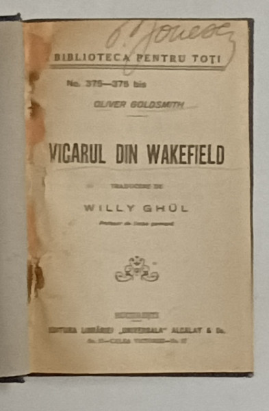 VICARUL DIN WAKEFIELD de OLIVER GOLDSMITH , EDITIE DE INCEPUT DE SECOL XX