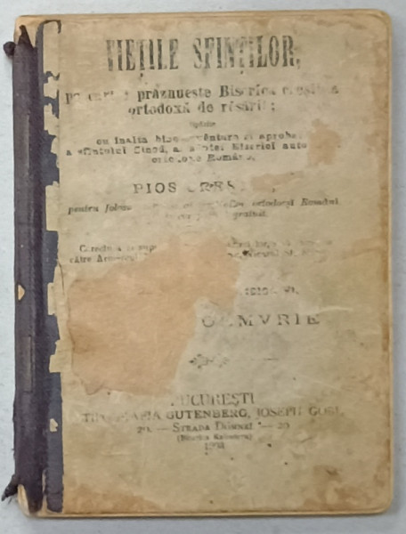VIETILE SFINTILOR , VOLUMUL III  - CARTICICA VI , LUNA  NOIEMBRIE  , 1903, COPERTA  CU LITERELE STERSE , URME DE UZURA