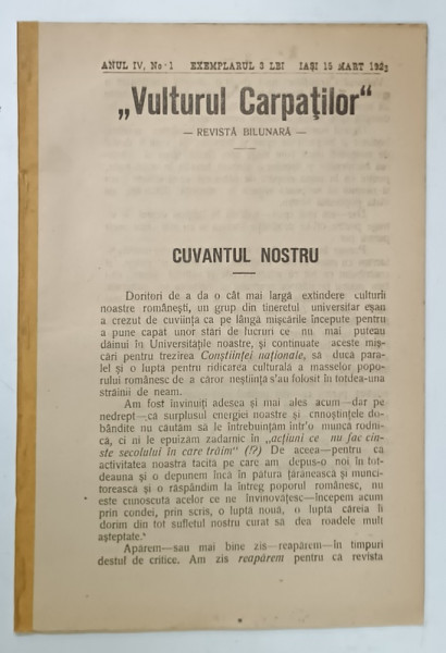 ' VULTURUL CARPATILOR ' , REVISTA BILUNARA , ANUL IV , NR. 1 , 1923