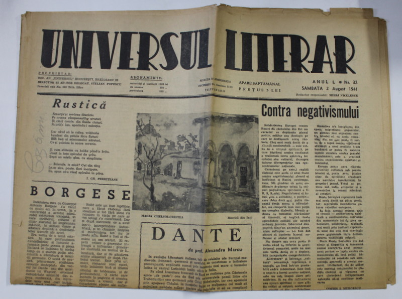ZIARUL ' UNIVERSUL LITERAR  ' , ANUL L , NR. 32 , 2 AUGUST   , 1941