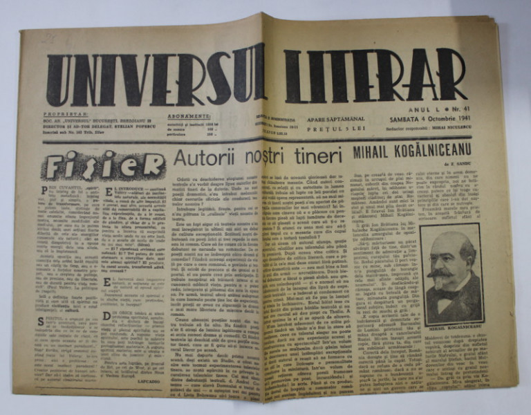 ZIARUL ' UNIVERSUL LITERAR  ' , ANUL L , NR. 41 , 4 OCTOMBRIE  , 1941