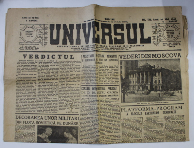ZIARUL ' UNIVERSUL ' , NR. 113 , LUNI 20 MAI 1946