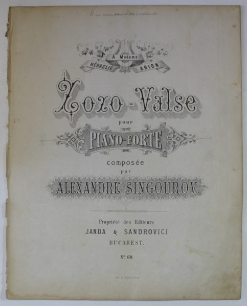 ZOZO - VALSE par ALEXANDRE SINGOUROV , SFARSIT DE SEC. XIX , PARTITURA